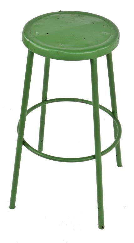 late 1950's original and intact vintage american industrial four-legged green enameled factory machine shop "lyon" stool or chair with welded joint heel ring