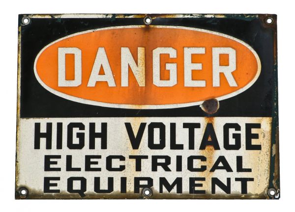 original and rare early 1920's antique american industrial salvaged chicago single-sided vitreous enameled "high voltage electrical equipment" danger or cautionary factory sign with nicely aged patina