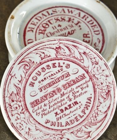 one of two rare and hard to find all original fanciful antebellum period glazed ceramic roussel shaving cream "pot lid" discovered in a philadelphia privy