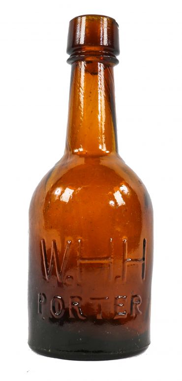very rare c. 1860's antique american intact amber colored glass squat body porter beer bottle with applied lip manufactured for chicago bottler william henry hutchinson 