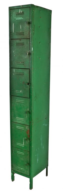 original early 1940's american vintage industrial six-unit louvered door freestanding pressed and folded steel chicago factory locker unit with an old green paint finish 