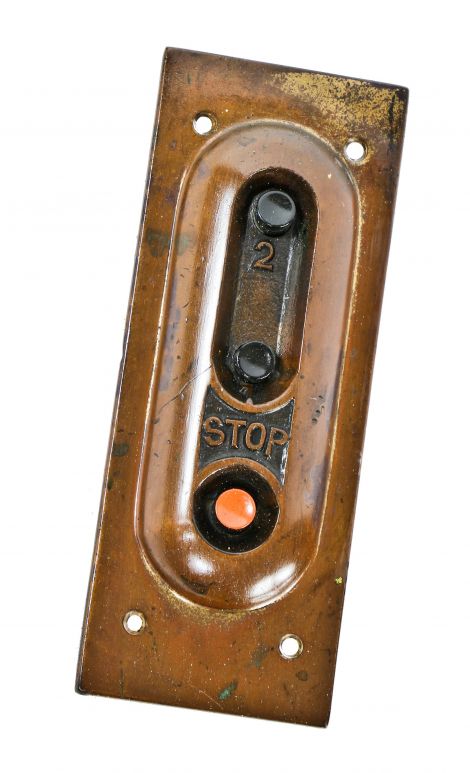 original early 20th century original and intact antique american industrial nicely aged rectangular-shaped cast bronze factory freight elevator cab or car push button control panel 