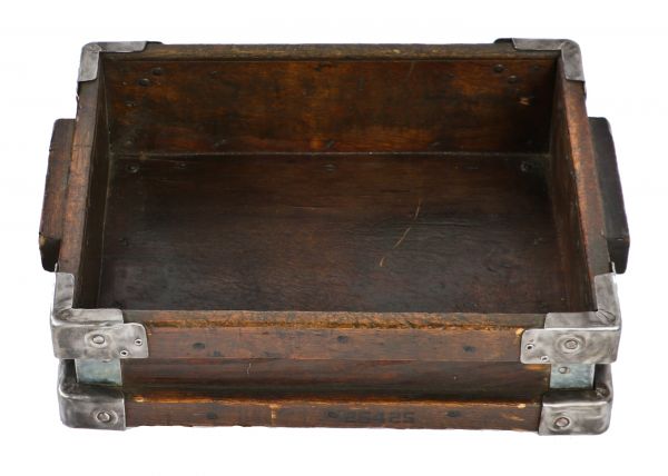 well-built early 20th century darkly varnished american antique industrial stackable wood and steel single compartment storage bin with opposed wood handles