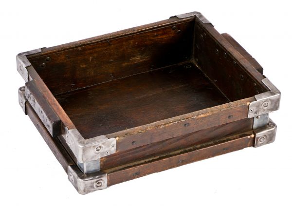 portable antique american industrial factory machine shop stackable maple wood storage tote or bin with reinforced pressed and folded steel refinished corner guards
