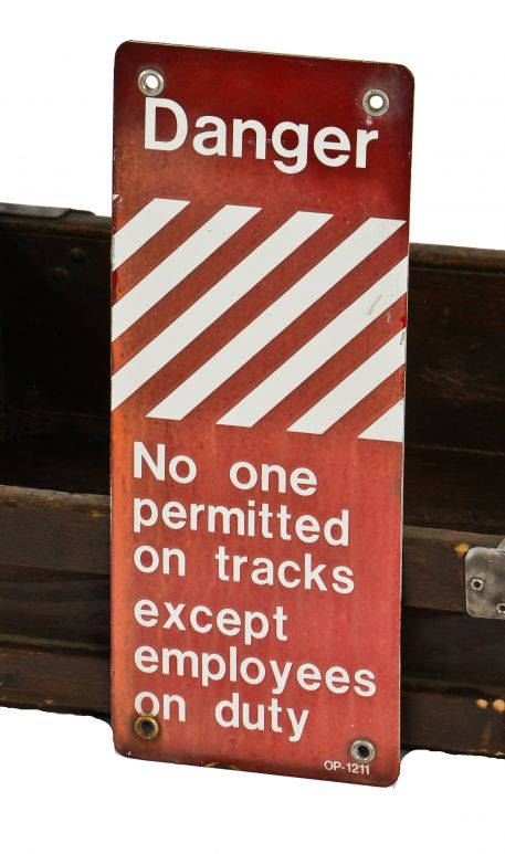 rare vintage american industrial single-sided chicago "l" porcelain enameled danger or cautionary "no one permitted on tracks" sign with intact steel grommets