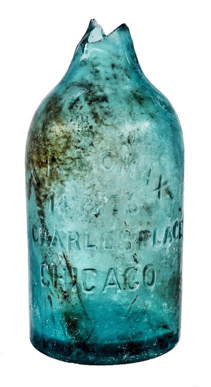 hard to find original fragment of an antique c. 1870-1872 oversized medium blue aqua quart cider bottle fabricated for chicago bottling giant john a. lomax