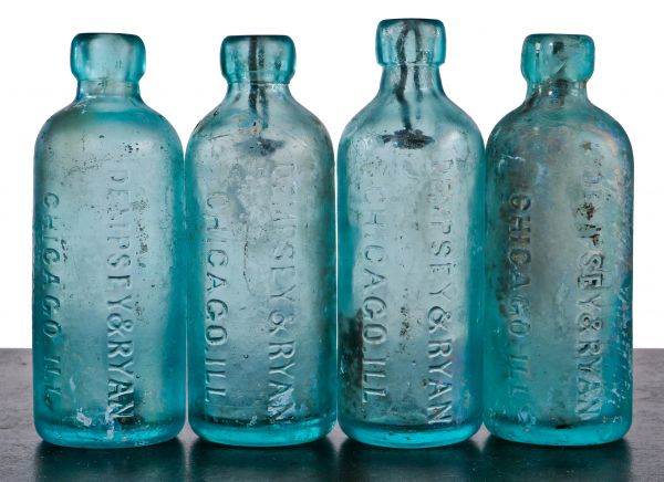 pair of closely matching late nineteenth century chicago privy dug aqua blue hutchinson style blob top soda bottles manufactured for chicago bottlers dempsey & ryan.