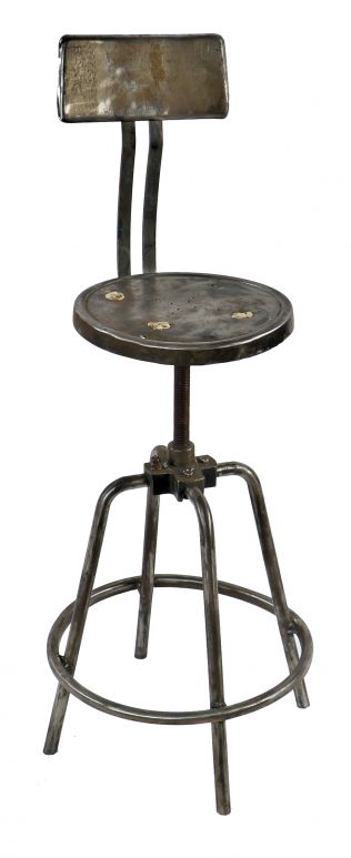completely refinished antique american industrial four-legged tubular steel adjustable height stationary factory machinist stool with slightly contoured backrest 