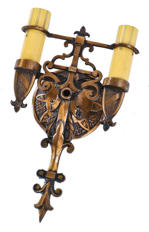 original late 1920's antique american double arm spanish revival style interior residential wall sconce with period appropriate "dripping wax" candle sleeves