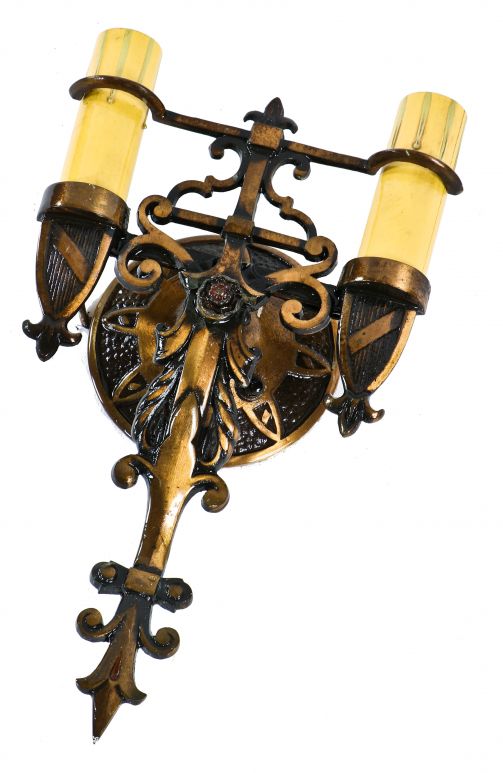 one of three matching original salvaged chicago depression era spanish revival style ornamental cast brass wall sconce with decorative rosette backplate