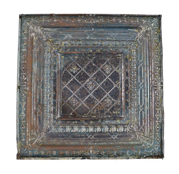 single c. 1900 original 2'x2' square stamped tin non-extant standard brewery saloon interior ceiling panel replete with neoclassical design motifs