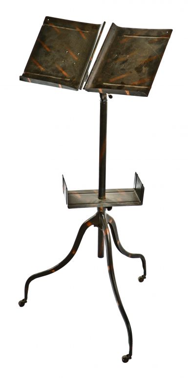 original c. early 20th century american industrial antique "dann's all-steel" mobile three-legged dictionary stand with original oxidized copper finish