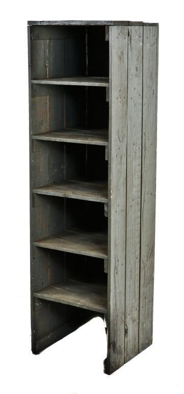 original freestanding gunship gray painted american industrial pine wood compartmentalized conway clutch factory machine shop gear cutter shelving unit  