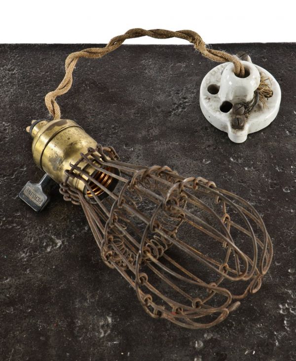 all original early 1920's antique american industrial factory machine shop drop light with easily detachable mcgill galvanized steel wire lamp guard and original ceramic canopy