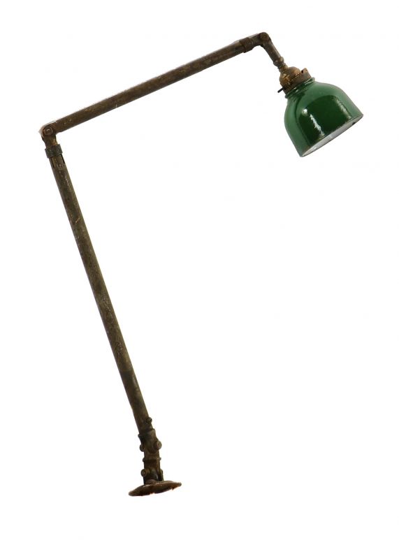 triple-jointed american industrial late 1940's wall or desk mount articulating arm "ajusco" task lamp with socket and diminutive deep bowl pressed steel green porcelain enameled shade 
