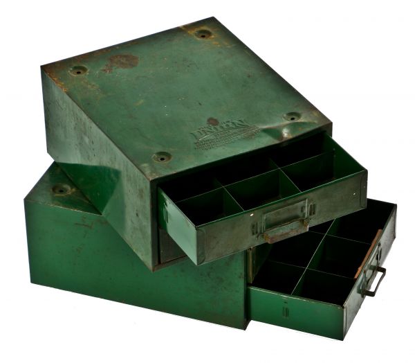 diminutive c. 1930's american vintage industrial green enameled pressed and folded steel workbench cabinets with compartmentalized pull-out drawers