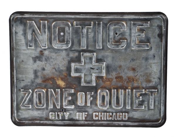 original very hard to find and highly desirable c. 1940's antique american heavy gauge stamped steel city of chicago cook county hospital "zone of quiet" notification sign