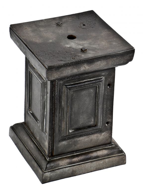 thoroughly cleaned and refinished compact american depression era industrial brushed cast iron pedestal base with raised panels and beveled edges