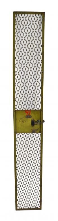 original early 20th century antique american locomotive factory industrial green painted "federal" expanded steel mesh locker door with intact t-handle 
