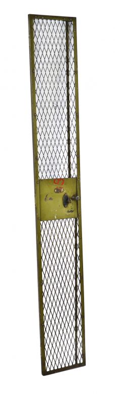 all original cold-rolled steel green painted antique american industrial locomotive assembly plant replacement expanded metal mesh locker door with cast iron t-handle