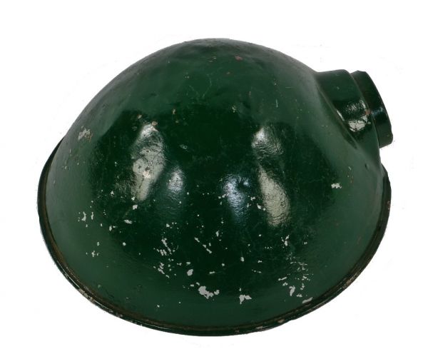 single original depression era hubbell style dark green enameled parabola-shaped stamped steel replacement lamp reflector with rolled rim.