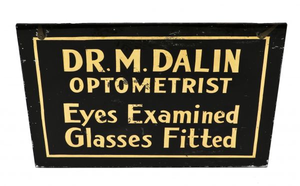 rare turn of the century single-sided antique american hanging storefront reverse-painted "eyes examined" black and gold leaf enameled glass optician trade sign