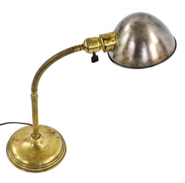 early 20th century refinished american industrial brushed steel and yellow brass factory office table lamp with adjustable gooseneck arm and rolled rim shade