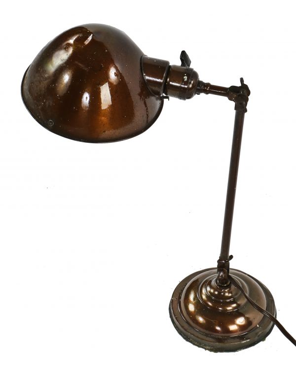 single early 20th century antique american industrial double-jointed faries fully adjustable table or desk lamp with parabolic shade and original glass diffuser lens