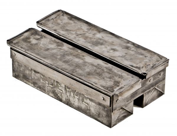 original unusual antique industrial early 20th century "federal" brand steel bank vault security rectangular boxes or multi-compartment containers with sliding top lids.