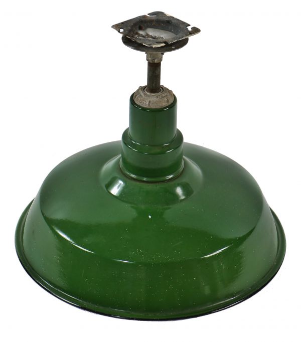 original  and intact depression-era industrial american "standard" green porcelain enameled benjamin pendant light or reflector with unique swiveling joint manufactured in chicago