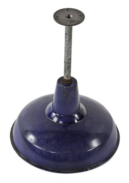 single early 20th century antique american cobalt blue porcelain enameled cold-rolled steel "maxolite" pendant light or reflector with post and flange 