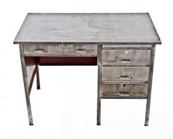 sturdy original american depression era antique industrial refinished cold-rolled steel kokomo post office desk with multiple sliding drawers
