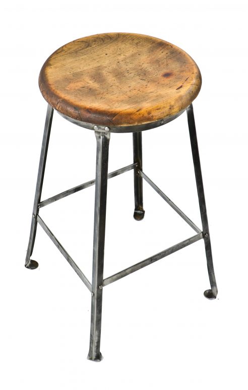 single all original and structurally sound four-legged late 1920's american industrial riveted joint chicago factory machinist stool with brushed metal finish 