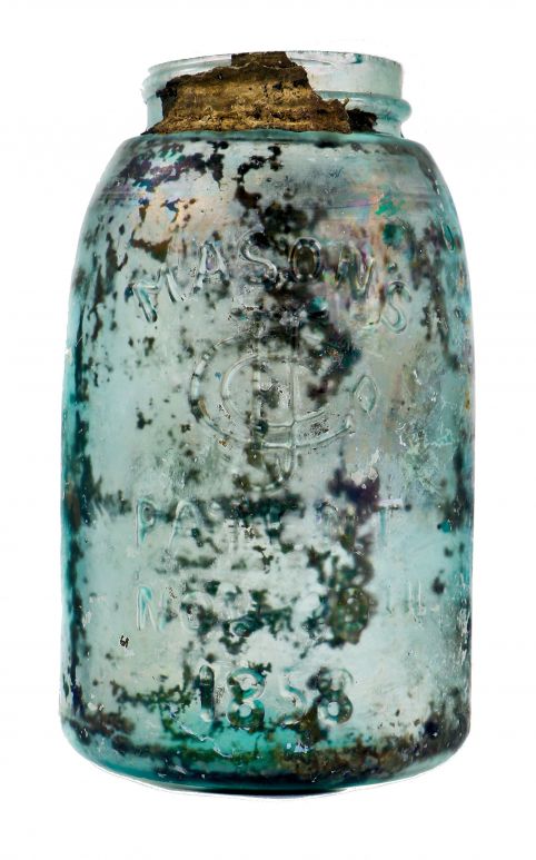 original intact late nineteenth century patented blue aqua glass chicago privy dug mason jar manufactured by the consolidated fruit company.