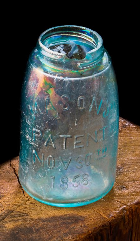 original antique dug blue aqua 'midget' mason jar manufactured by the hero  fruit jar company.