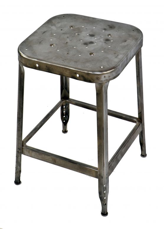 completely refinished early 1950's american vintage industrial pressed and folded four-legged factory machinist steel stationary stool with perforated seat