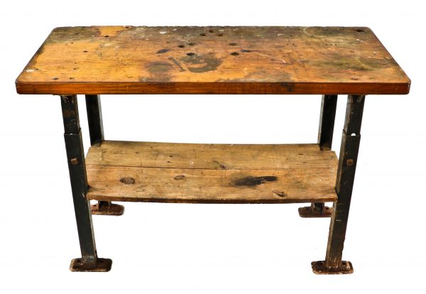 original intact nicely worn and weathered c. 1920's adjustable height factory machine shop workbench or table with cold-rolled "ot-steel" legs and undershelf 