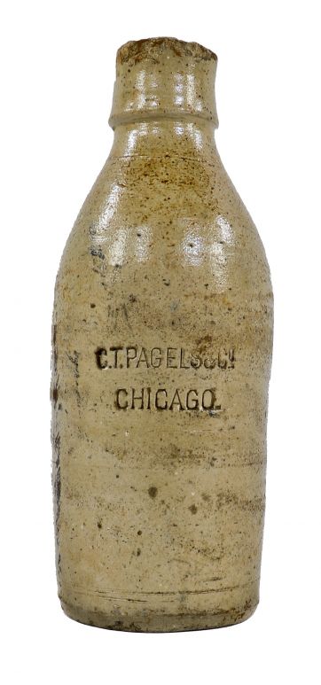 original and intact mid-nineteenth century cream colored hand thrown weiss beer pottery bottle manufactured for c.t. pagels & co, in chicago