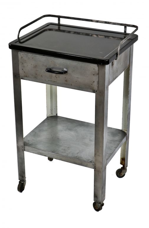 c. 1930's antique american refinished medical mobile hospital operating room supply cart with intact "sani" black porcelain enameled rolled iron detachable tabletop