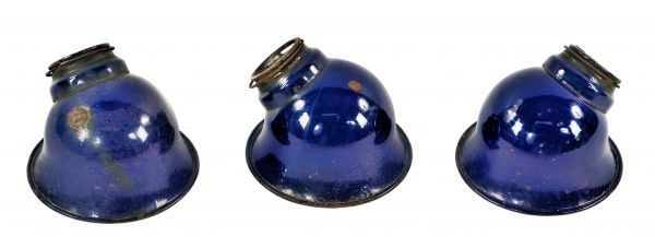 hard to find early 20th century antique american industrial cold-rolled steel cobalt blue porcelain enameled "deep bowl" light reflectors with rolled rims