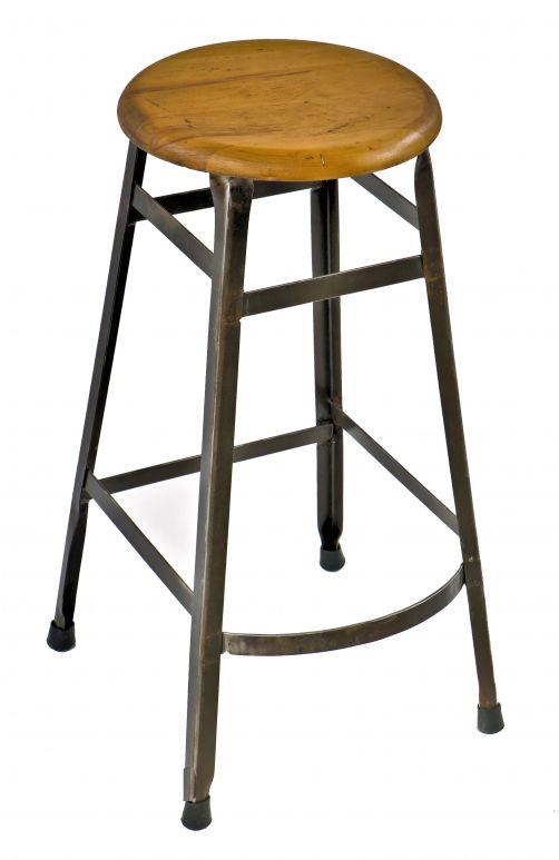 single original depression era c. 1930's antique american industrial four-legged angled steel stationary factory machinist stool with protruding foot rest