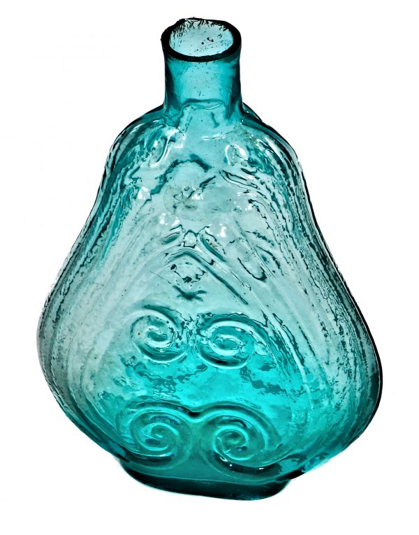 intact and hard to find antique american early nineteenth century midwest privy dug open-pontiled c. 1840's blue aqua scroll flask