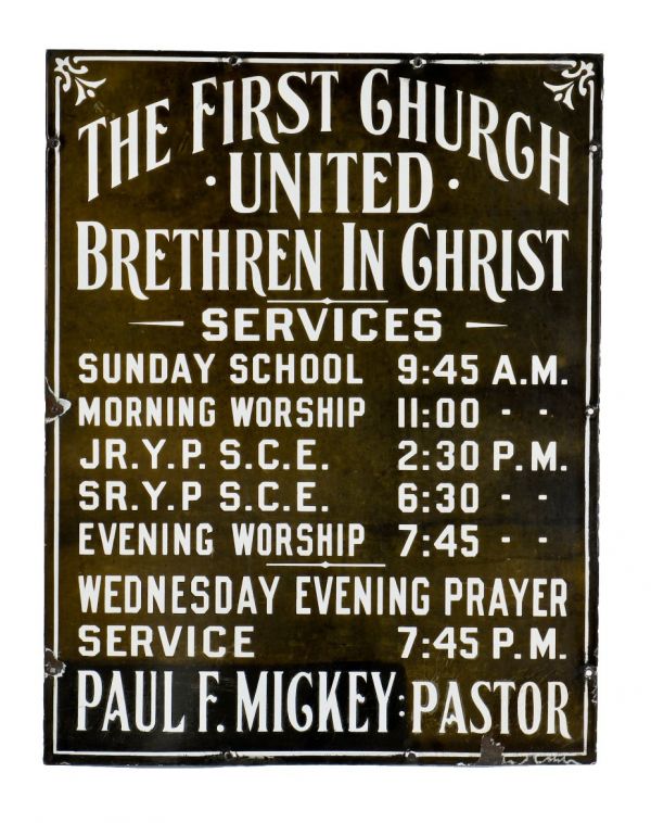 rare all original and intact antique early twentieth century porcelain enameled single-sided steel church service sign made for the united brethren in christ church, located in beaver falls, pa.