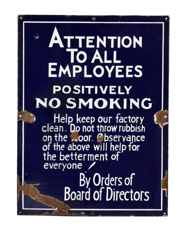 rare and exceptional c. 1910 single-sided antique american early cobalt blue heavy gauge steel vitreous or porcelain enameled "positively no smoking" factory sign 