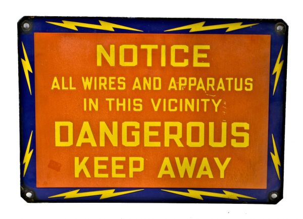 original and intact american depression era polychromatic porcelain enameled "dangerous keep away" high voltage sign with lightning bolt border