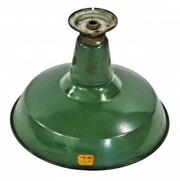 early 1920's intact and all original robust green porcelain or vitreous enameled cold-rolled steel ceiling-mount american industrial roberts electric company factory pendant light