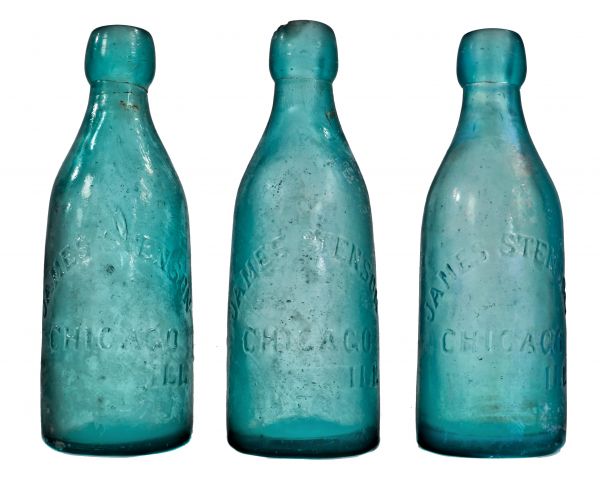 matching lot of three largely intact original privy dug c. 1870's deep blue aqua glass blobtop soda bottles fabricated for james stenson in chicago, il.  