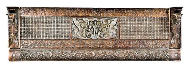 exceptionally rare all original 19th century ornamental cast iron dawson brothers interior residential fireplace frieze with intact decorative insets and flanking figural brackets  