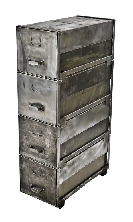 completely refinished antique american industrial robust cold-rolled steel freestanding "gf" transfer filing cabinets with interlocking frame and riveted joints