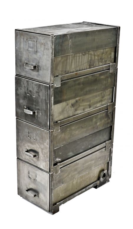 one of two matching c. 1930's antique american industrial refinished  brushed metal four-unit stackable filing